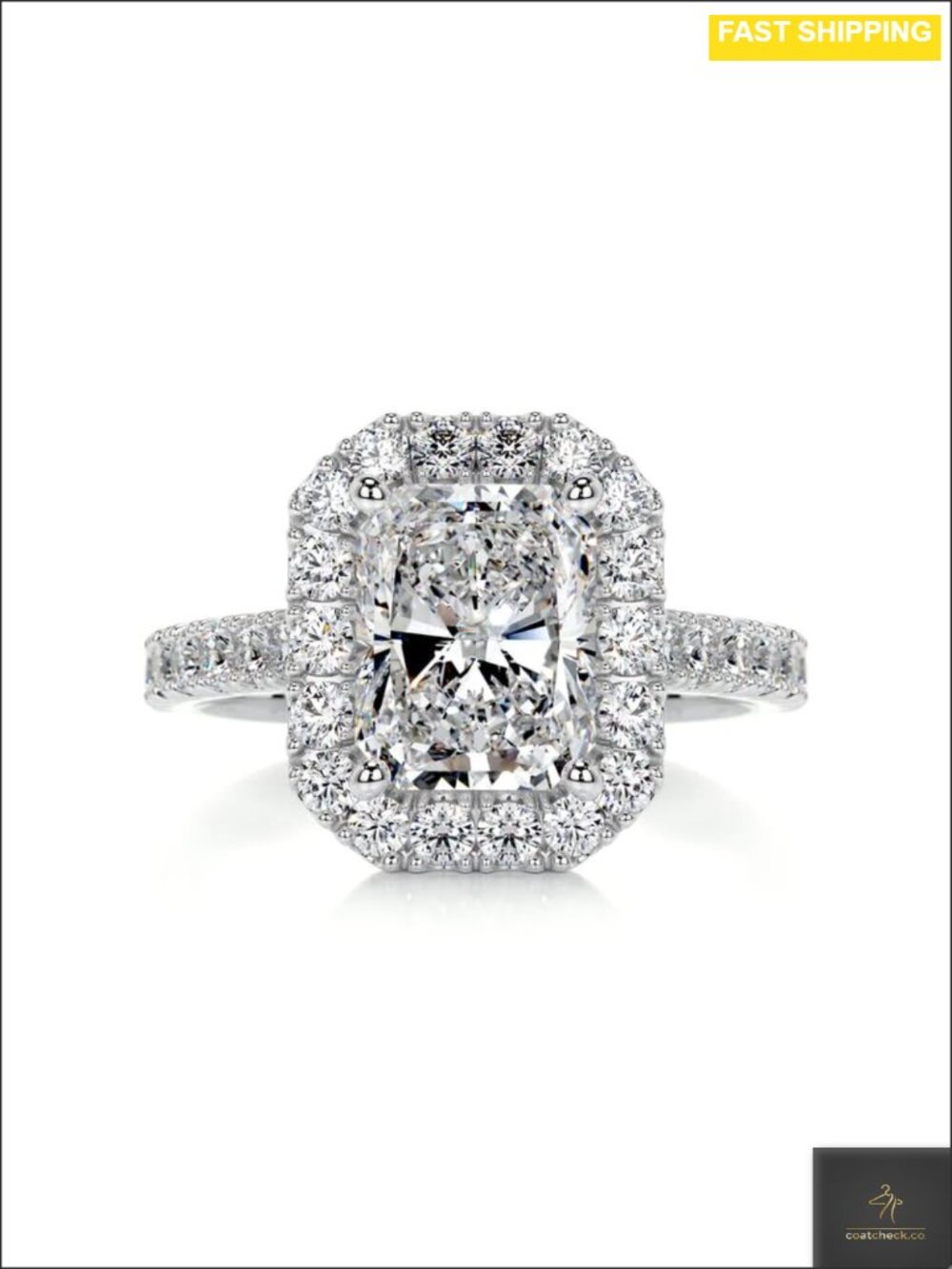 2 Carat Radiant Halo Moissanite Engagement Ring Platinum Plated Silver